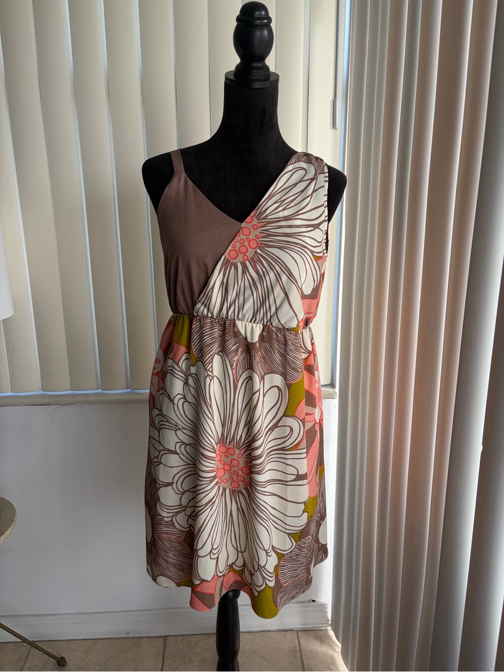 Judith March Floral One-Shoulder Retro Brown & Pink Summer Dress Size L